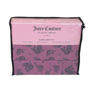 Juicy Couture Queen 6 Piece Sheet Set 4 Pillowcases Black Rose Pattern Pink